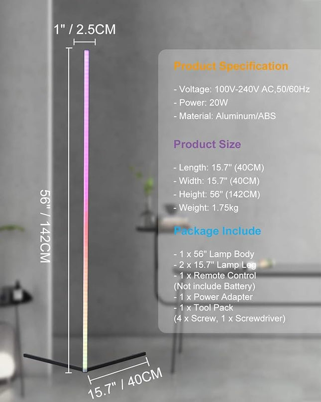 TACAHE Corner Floor Lamp - RGB Color Changing Mood Light, Dimmable LED Modern Floor Lamp with Remote, 56" Metal Standing Lamp for Living Room, Bedroom 20W - Black - LeafyLoom