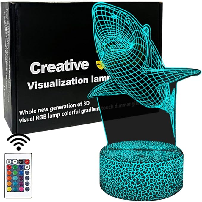3D Night Light Shark Illusion Lamp with 16 Colors Remote Control Changing Lights LED Table Lamp Shark Lover for Bedroom Decor - LeafyLoom