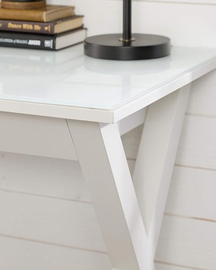 Walker Edison Lawrence Urban Industrial X Leg Glass Top Computer Desk, 48 Inch, White - LeafyLoom