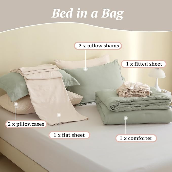 MILDLY King Size Comforter Set 7 Piece Color Clash, Mist Sage Bed in a Bag, All Season Bedding Sets with 1 Comforter, 2 Pillow Shams, 2 Pillowcases, 1 Flat Sheet, 1 Fitted Sheet - LeafyLoom