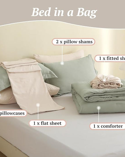 MILDLY Queen Comforter Set 7 Piece Color Clash, Mist Sage Bed in a Bag, All Season Bedding Sets with 1 Comforter, 2 Pillow Shams, 2 Pillowcases, 1 Flat Sheet, 1 Fitted Sheet - LeafyLoom