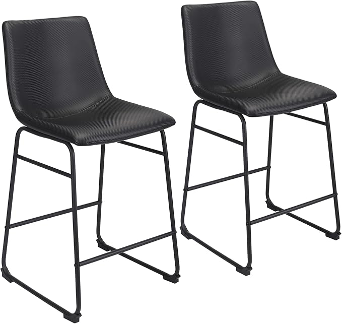 Bar Stools Set of 2, 26 Inches Bar Stool with Back, Carbon Fiber Bar Chair with Metal Legs (Black) - LeafyLoom