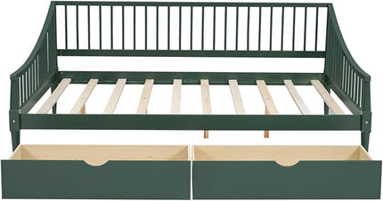 Full Size Daybed with Two Drawers,Solid Wood Storage Bed Frame W/Wooden Slat Support,Guide Rail Design on Three Sides,Easy to Assemble,for Bedroom Living Room,Green - LeafyLoom