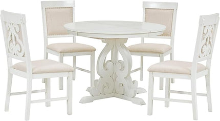 5-Piece Retro Functional Dining Set, Included Solid Wooden Extendable Table with a 16-inch Leaf and 4 Upholstered Chairs for Kitchen, Living Room, Home Bar, Antique White - LeafyLoom