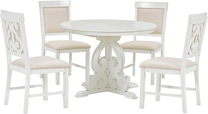 5-Piece Retro Functional Dining Set, Included Solid Wooden Extendable Table with a 16-inch Leaf and 4 Upholstered Chairs for Kitchen, Living Room, Home Bar, Antique White - LeafyLoom