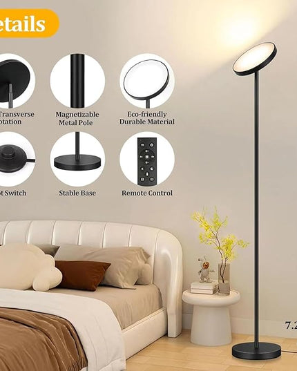 Floor Lamp, 2400LM Bright Floor Lamp for Living Room, LED Modern Torchiere Floor Lamp with 2700K-6000K Stepless Dimming, 69" Tall Standing Lamp with Remote & Foot Switch for Bedroom Office - LeafyLoom