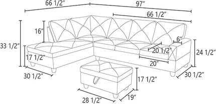 L-Shaped Sectional Couches with 66.5'' Chaise Lounge & Storage Ottoman Modular Room Sofas for Home Office Apartment, Large Living Furniture, 97'' Left Hand Facing, Grey White Flannelette - LeafyLoom