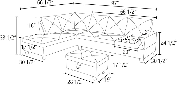 L-Shaped Sectional Couches with 66.5'' Chaise Lounge & Storage Ottoman Modular Room Sofas for Home Office Apartment, Large Living Furniture, 97'' Left Hand Facing, Grey White Flannelette - LeafyLoom