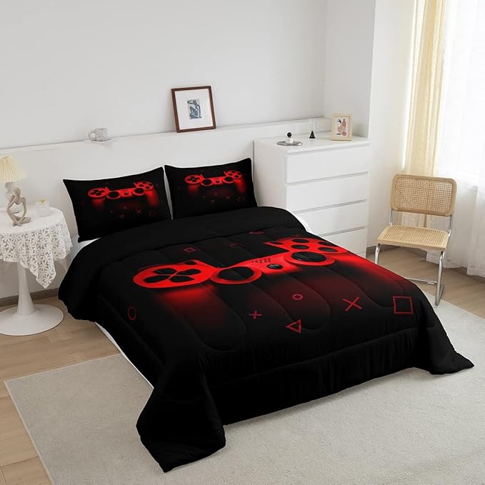 Boys Gamer Comforter Set Twin Size,Gamepad Bedding Set Kids Young Man Video Games Down Comforter for Teen Child Game Room Decor Black Red Classic Retro Gaming Quilted Duvet Set with Pillowcase - LeafyLoom