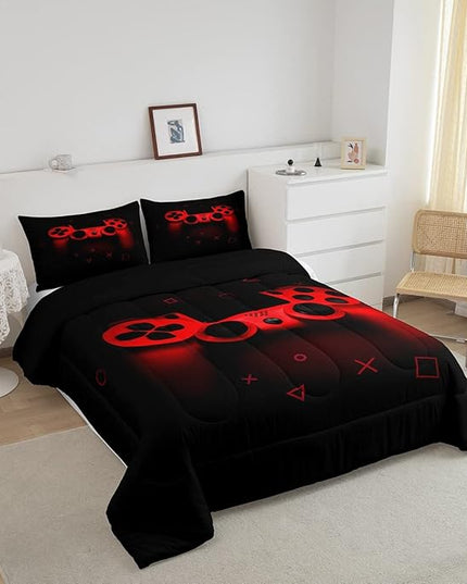 Boys Gamer Comforter Set Queen Size,Gamepad Bedding Set Kids Young Man Video Games Down Comforter for Teen Child Game Room Decor Black Red Classic Retro Gaming Quilted Duvet Set with Pillowcase - LeafyLoom