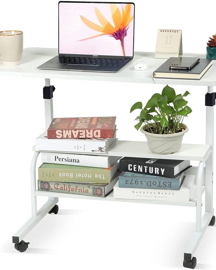 Small Desks Portable Laptop Computer Desk for Small Spaces Adjustable Desk Standing Desk for Bedrooms Couch Desk for Home Office Table Mobile Rolling Desk on Wheels White Desk with Storage - LeafyLoom
