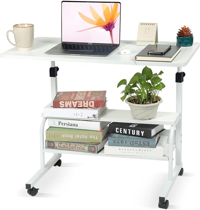 Small Desks Portable Laptop Computer Desk for Small Spaces Adjustable Desk Standing Desk for Bedrooms Couch Desk for Home Office Table Mobile Rolling Desk on Wheels White Desk with Storage - LeafyLoom