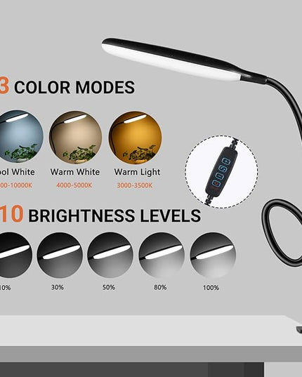 LED Desk Lamp with Clamp, 10W Flexible Gooseneck Swing Arm Clip Lamp with USB Plug, 3 Color Modes, 30 Brightness Levels, Eye-Caring Portable Desk Light for Home Office Reading Working (Black) - LeafyLoom