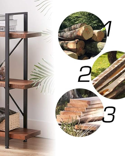 HSH Natural Real Wood Bookshelf, 3 Tier Rustic Vintage Industrial Etagere Bookcase, Open Metal Farmhouse Solid Wooden Book Shelf, Distressed Brown - LeafyLoom
