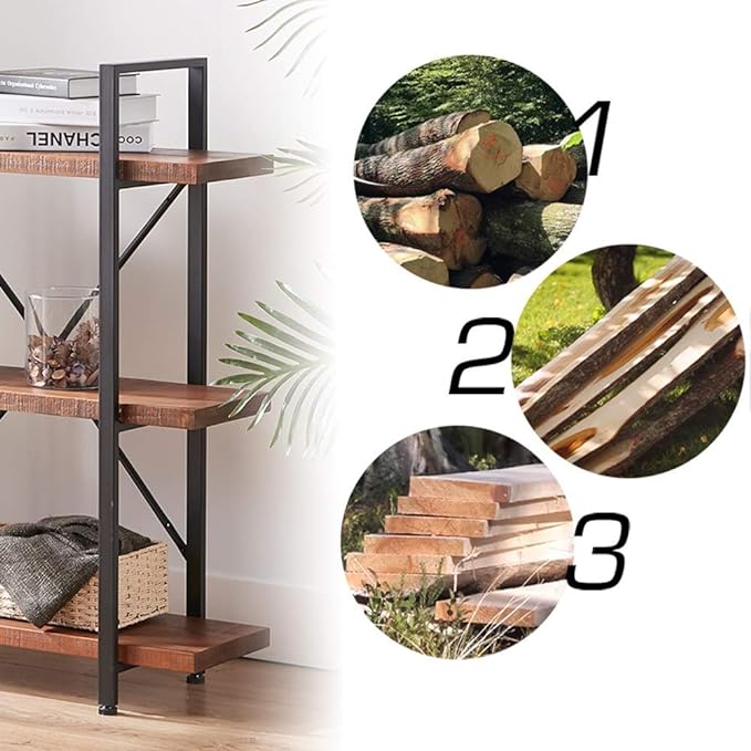 HSH Natural Real Wood Bookshelf, 3 Tier Rustic Vintage Industrial Etagere Bookcase, Open Metal Farmhouse Solid Wooden Book Shelf, Distressed Brown - LeafyLoom