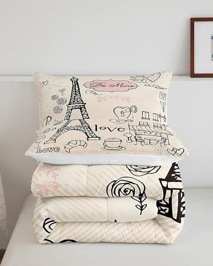 Feelyou Eiffel Tower Comforter Set King Paris Tower Comforter for Girls Romantic Rose Chic Paris Theme Bedding Set Paris Cityscape Printed Heart Love Duvet Set Room Decor Quilt Set Twin - LeafyLoom