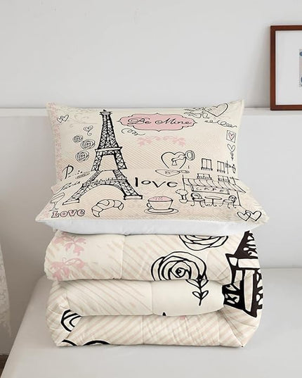 Feelyou Eiffel Tower Comforter Set King Paris Tower Comforter for Girls Romantic Rose Chic Paris Theme Bedding Set Paris Cityscape Printed Heart Love Duvet Set Room Decor Quilt Set Full - LeafyLoom