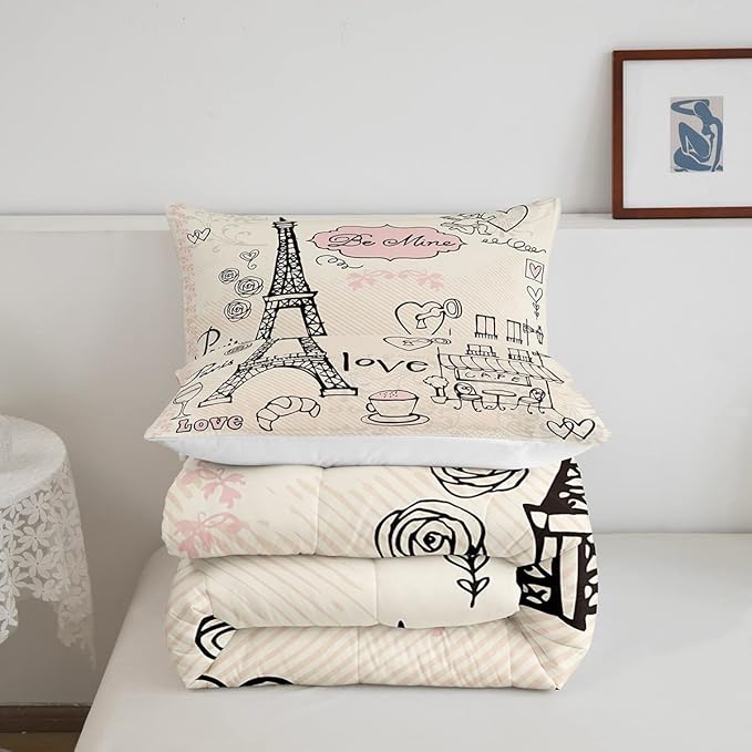 Feelyou Eiffel Tower Comforter Set King Paris Tower Comforter for Girls Romantic Rose Chic Paris Bedding Set Paris Cityscape Printed Heart Love Duvet Set Room Decor Quilt Boys - LeafyLoom