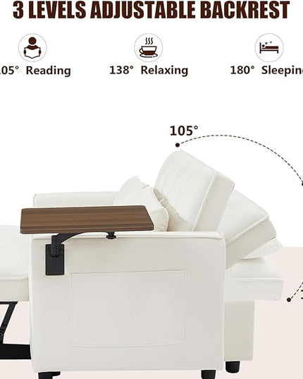 3 in 1 Loveseat Sofa Bed, Pull Out Couch Sleeper with Storage, Full Size Velvet Convertible Chair with 2 Pockets & 2 Pillows for Living Room, White - LeafyLoom