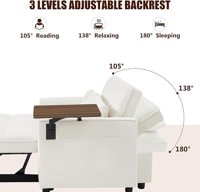 3 in 1 Loveseat Sofa Bed, Pull Out Couch Sleeper with Storage, Full Size Velvet Convertible Chair with 2 Pockets & 2 Pillows for Living Room, White - LeafyLoom