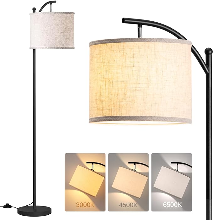 addlon Floor Lamp for Living Room with 3 Color Temperatures, Standing lamp with Linen lampshade for Bedroom, Office, Lamps with 9W LED Bulb Included - Black with Beige Lampshade - LeafyLoom
