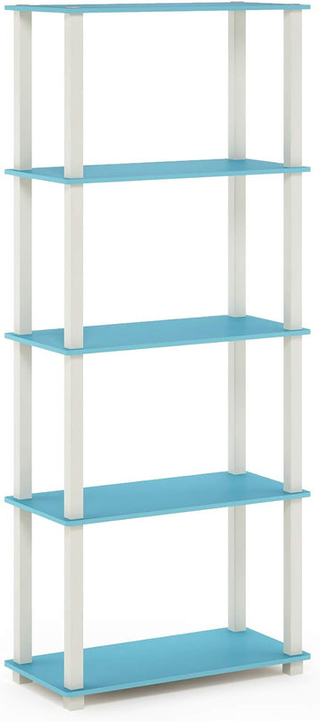 Furinno Turn-N-Tube 5-Tier Multipurpose Shelf / Display Rack / Storage Shelf / Bookshelf, Square Tubes, Light Blue/White - LeafyLoom