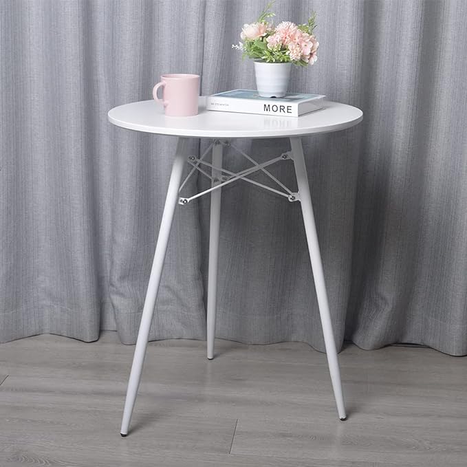 Small White Round Dining Table for 2 Bistro Table Dia 23.6" Simple Modern Round Table with Wood Top Metal Legs for Small Place Home Kitchen Cafe Office Conference - LeafyLoom