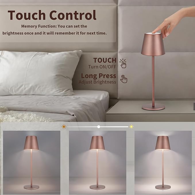 Maksone 2 pack LED Cordless Table Lamp, 6600mWh Rechargeable Battery Desk Lamp, 3000K Stepless Dimming Night Light, IP54 Waterproof Metal Outdoor Portable Lamp for Camping, Restaurant(Brown) - LeafyLoom
