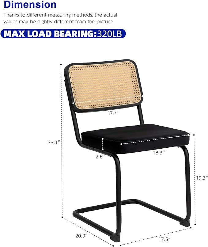 Dining Chairs Set of 2, Velvet Rattan Side Accent Chairs with Chrome Legs, Modern Mid Century Breuer Designed Chairs, Upholstered Dining Living Room Kitchen Chairs (Black-2pcs) - LeafyLoom