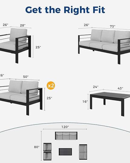Wisteria Lane Aluminum Patio Furniture Set, 5 Piece Outdoor Conversation Set, Sectional Metal Sofa with 5 Inch Cushion and Coffee Table for Balcony, Backyard, Garden, Black Frame and Grey Cushion - LeafyLoom