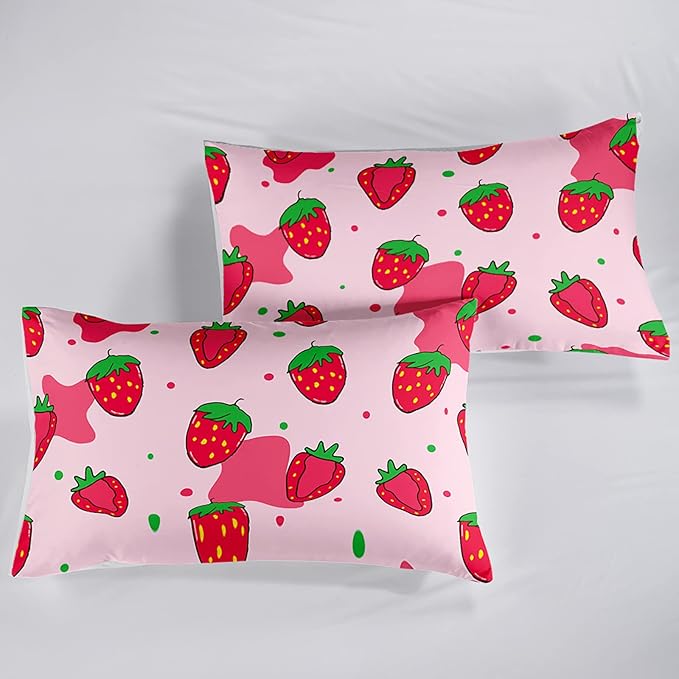 Kawaii Comforter Twin,Pink Strawberry Comforter Set for Kids Teens Girls,3Pcs Bedding Set Printed Comforter with 2 Pillowcases,Down Alternative,Soft and Lightweight，Twin Size - LeafyLoom