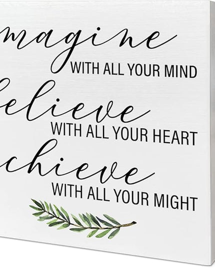 Home Office Desk Wooden Box Sign Decor, Imagine with All Your Mind, Inspirational Quotes Desk Decor Motivational Desk Decorations for Women Men Student Office Classroom School - LeafyLoom
