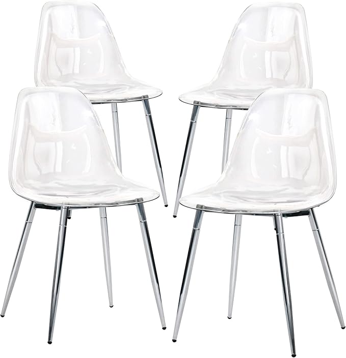 CangLong Acrylic Ghost Crystal Seat, Modern Plastic Shell Accent Side Chairs Legs for Kitchen, Dining, Living, Guest, Bed Room, Set of 4, Transparent + Silver - LeafyLoom
