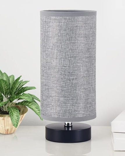 Table Lamp, Bedside Nightstand Lamp, Simple Desk Lamp, Cylinder Table Lamp for Bedroom Living Room Office Study, Grey Shade and Black Base - LeafyLoom