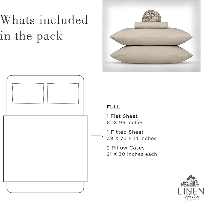 Linen Home Washed Cotton Percale Full Sheet Set, Silver, Deep Pocket, 4 Pieces Bed Sheets - 1 Flat Sheet, 1 Fitted Sheet & 2 Envelope Closure Pillowcases, Cool and Comfortable Bed Linen - LeafyLoom