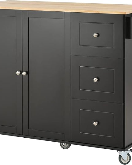53" W Mobile Kitchen Island with Drop Leaf, Locking Wheels, Solid Wood Tabletop & Storage Cabinet and 3 Drawers, for Dining Room, Coffee Bar Service - LeafyLoom