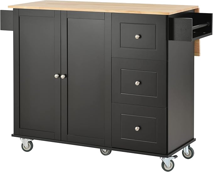 53" W Mobile Kitchen Island with Drop Leaf, Locking Wheels, Solid Wood Tabletop & Storage Cabinet and 3 Drawers, for Dining Room, Coffee Bar Service - LeafyLoom