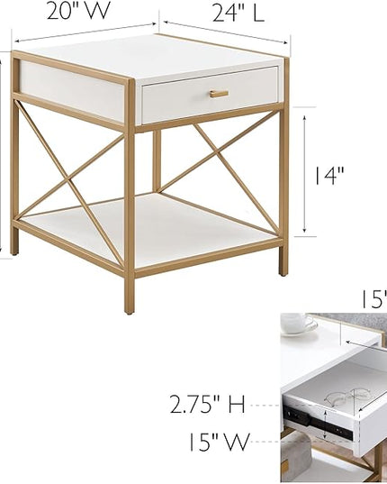 Leick Home 9206-WTGL Claudette One Drawer Mixed Metal and Wood Side Table with Shelf, White/gold - LeafyLoom
