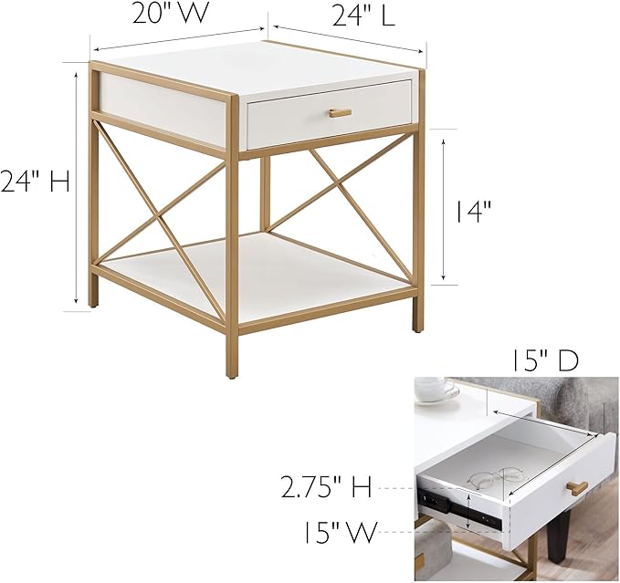 Leick Home 9206-WTGL Claudette One Drawer Mixed Metal and Wood Side Table with Shelf, White/gold - LeafyLoom
