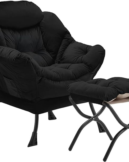 Lazy Chair with Folding Ottoman, Accent Chair Velvet Upholstered with Metal Structure and Non-Slip Pads, Sofa Armchair with Footrest and Side Storage Bag for Dorm, Room, Office, Black - LeafyLoom