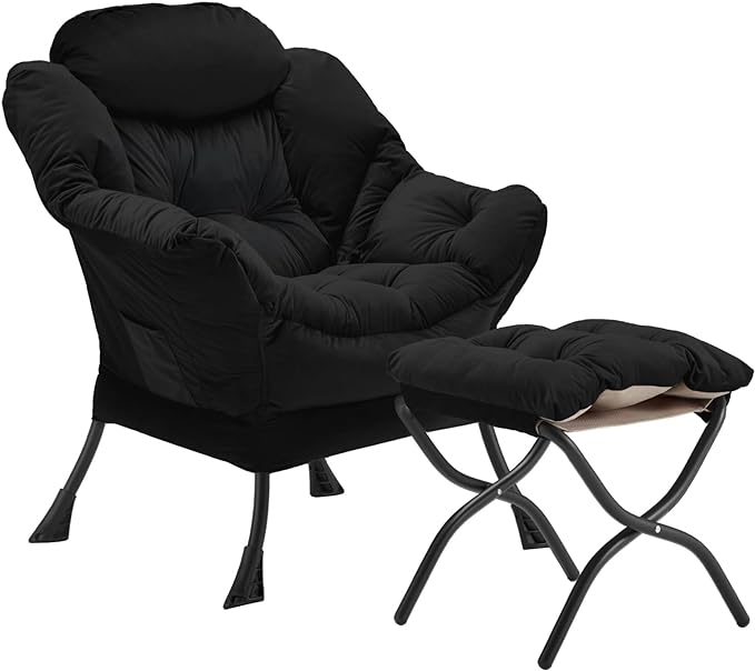 Lazy Chair with Folding Ottoman, Accent Chair Velvet Upholstered with Metal Structure and Non-Slip Pads, Sofa Armchair with Footrest and Side Storage Bag for Dorm, Room, Office, Black - LeafyLoom