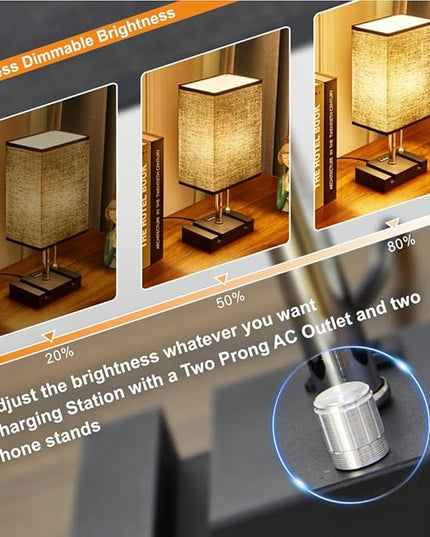 Fully Dimmable Nightstand Lamp for Bedroom with AC Outlet, Table Lamp with Two Phone Stands, Bedside Lamps, Desk Lamp for Bedroom, Living Room, LED Bulb Included Black - LeafyLoom
