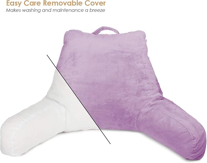 Clara Clark Reading Pillow for Kids, Small Back Pillow for Sitting Up in Bed, Memory Foam Back Support Pillow, Reading Pillows for Sitting in Bed, Lavender Gaming Pillow for Bed with Arms and Pockets - LeafyLoom