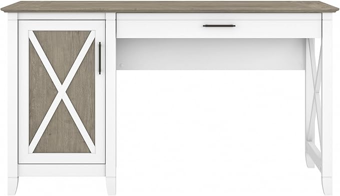 Bush Furniture Key West Computer Desk with Storage | Farmhouse PC Table for Home Office in Pure White and Shiplap Gray | 54W x 24D - LeafyLoom