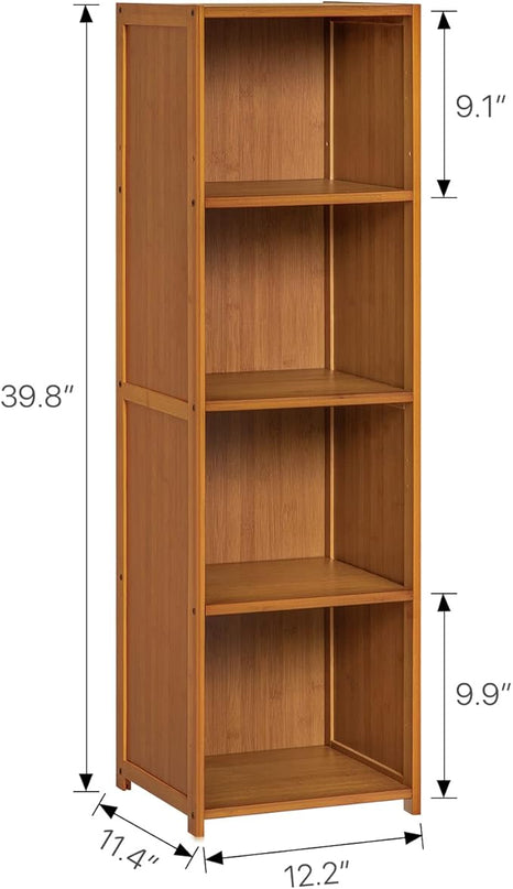 MoNiBloom Narrow Bookcase Bamboo 4 Tier Free Standing Tall Bookshelf Display Storage Shelves Collection Décor Furniture for Home Living Room Study Room, Brown - LeafyLoom