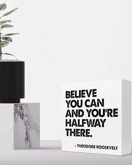 Believe You Can and You're Halfway There Wood Box Signs,Inspirational Wood Plaque Sign Desk Decor,Rustic Positive Wooden Block Sign Decor for Home Office Shelf Table Decoration C1073 - LeafyLoom