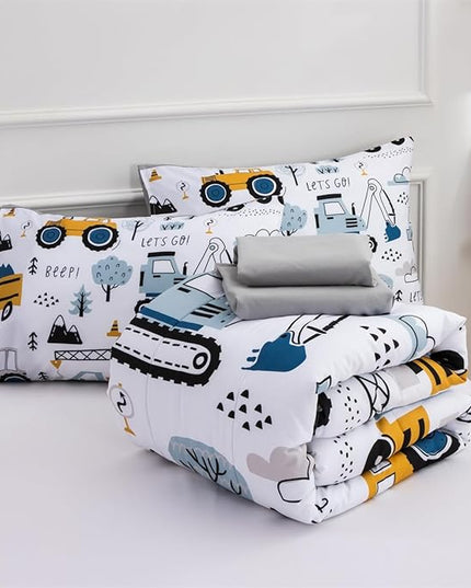 NTBED 5 Pieces Construction Truck Full Comforter Set for Boys Kids Forest Vehicles Excavator Lightweight Microfiber Bedding Sets - LeafyLoom