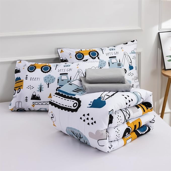 NTBED 5 Pieces Construction Truck Full Comforter Set for Boys Kids Forest Vehicles Excavator Lightweight Microfiber Bedding Sets - LeafyLoom