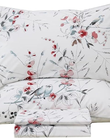 QSH Floral Queen Size Sheet Sets - 100% Egyptian Cotton Sheets Elegant Botanical Flower Leaves Bird Printed Bedding Sheets Queen Size Bed Extra Soft and Breathable 4pcs Deep Pockets Bed Sheets - LeafyLoom