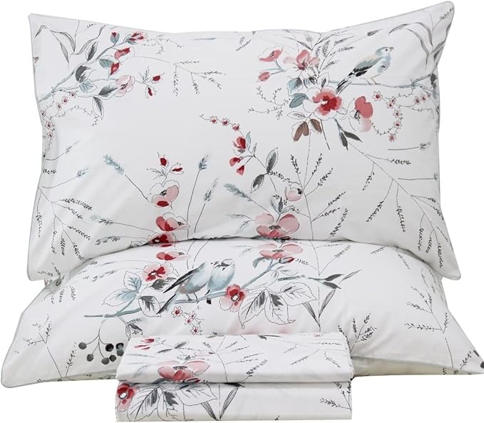 QSH Floral Queen Size Sheet Sets - 100% Egyptian Cotton Sheets Elegant Botanical Flower Leaves Bird Printed Bedding Sheets Queen Size Bed Extra Soft and Breathable 4pcs Deep Pockets Bed Sheets - LeafyLoom